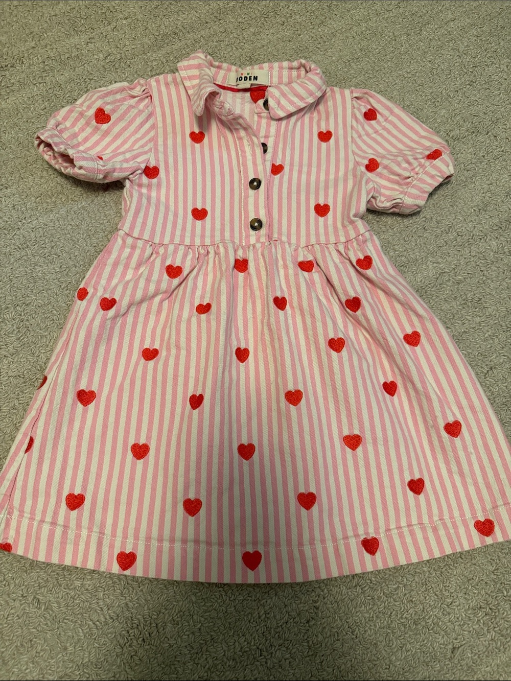 Mini Boden Pink & Red Striped Dress with Heart Motif